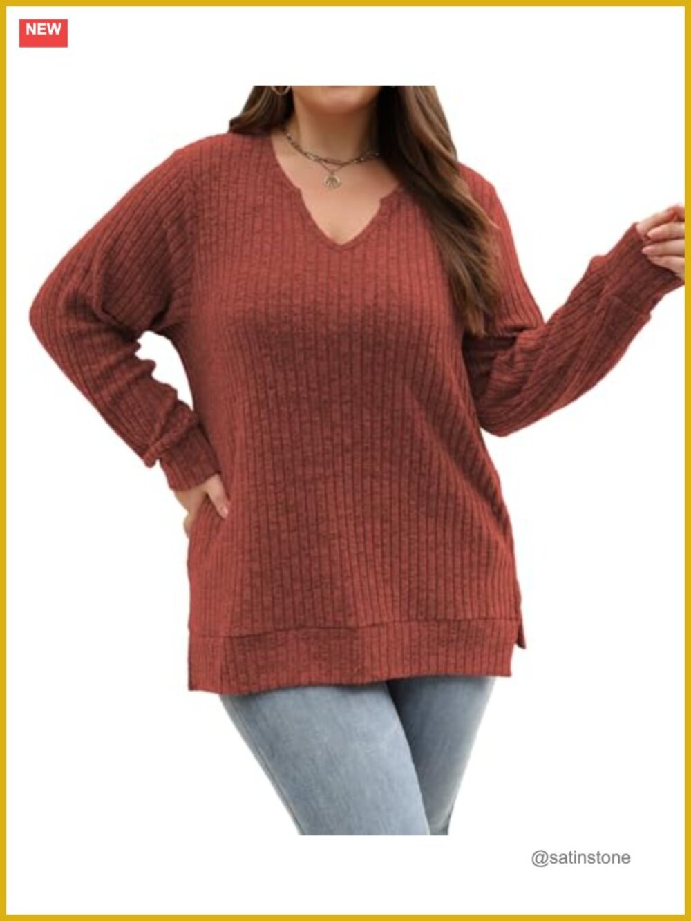 Plus Size Women's Long Sleeve V Neck Sweater Tunic Loose Knit Top